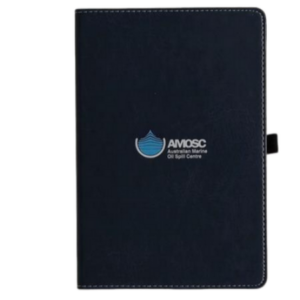Navy blue premier notebook custom branded with AMOSC logo