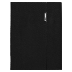 This plain black notebook features a visible stitch and a small metallic emblem on the cover, making it an ideal choice for timeless marketing campaigns or stylish promotional diaries.