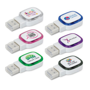 Five promotional USB drives with retractable cords, each featuring a unique logo and color. The colors include white with multicolored designs, blue, pink, green, and purple. Logos are tied to various organizations or themes, showcasing the benefits of branding through tech accessories.