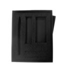 Black foam insert with sectional cutouts designed to hold specific items, including two rectangular and one pen-shaped compartment, inside a box lid.