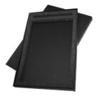A black, empty two-piece rectangular box with glitter accents on the interior edges. The lid is partially open, resting underneath the base.