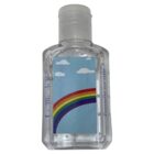 Clear hand sanitizer bottle with a label showing clouds and a rainbow on a blue sky background.