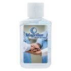 Clear hand sanitizer bottle with Magellan Health Services logo and medical staff hands stacked.