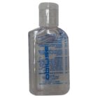 Clear bottle of hand sanitizer with blue label text, shown against a white background.