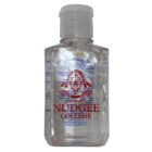 Clear bottle of hand sanitizer labeled Nudgee College with a red and blue logo.