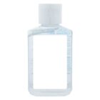 Clear plastic bottle of hand sanitizer with a white cap, label area blank.