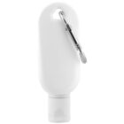 White travel bottle with a carabiner clip attached to the top.
