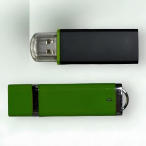 Two promotional USBs are shown. The top one boasts a transparent connector with a sleek black and green casing. The bottom USB features a green body, a silver connector cover, and a tiny LED indicator. Both rest elegantly on a crisp white background.