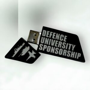 A promotional USB drive with a detachable cap, featuring silhouettes of military vehicles like a ship and plane. The body boldly displays Defence University Sponsorship in white letters, adding a touch of sophistication to its functional design.