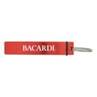Red Bacardi-branded keychain bottle opener with metal keyring.