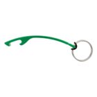 Green bottle opener keychain with a metal keyring on a white background.