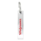 Silver keychain tag with Walgreens written in red cursive text.