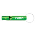 Green Rain-X branded whistle keychain with a metal key ring attached.