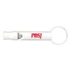 White plastic whistle keychain with PBS&J logo in red printed on the side.