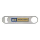 Metal bottle opener labeled 1396 Premium Lagerbier on a blue and yellow rectangle.