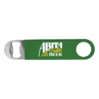 Green metal bottle opener with the text ABITA Beer in white capital letters on the handle.