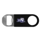 Bottle opener with a metal edge and black handle featuring a logo with the letter D and a bears head.
