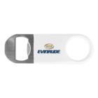 A white bottle opener with a metallic opener end and a circular hole on the other end. The word Evinrude and a stylized wave logo are printed in blue and yellow on the white surface.