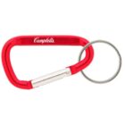 Red carabiner keychain with Campbell’s logo and attached silver key ring.