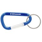 Blue Kawasaki carabiner keychain with silver keyring attached.