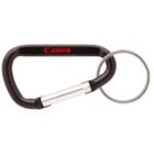 Black Canon carabiner keychain with a silver key ring attached.