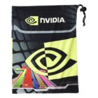 Drawstring pouch with a geometric design and NVIDIA logo. The top right corner features the company name in white, while the center displays a stylized eye in black and yellow. A colorful pattern is at the bottom.