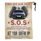 Poster for a Sell Our Saab Rally featuring a Saab car with a BÖRK U license plate. The event is on Tuesday, January 5th, at Detroit Renaissance Center. It includes meeting details and the phrase Get Your Griffin Up!.