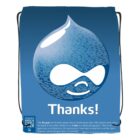 Blue bag with a large white Drupal logo made of donor names and the word Thanks! below.