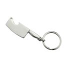 Silver keychain shaped like a butcher’s cleaver with a round keyring attached.