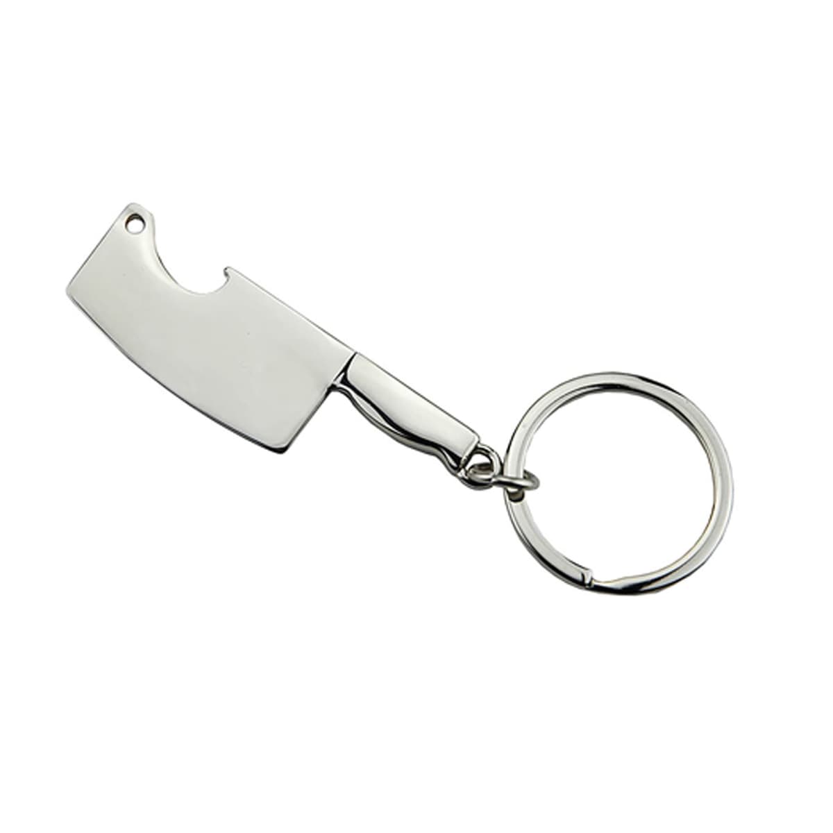Silver keychain shaped like a butcher’s cleaver with a round keyring attached.