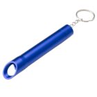 Blue metal tube keychain with a circular opening at one end and a key ring attached.