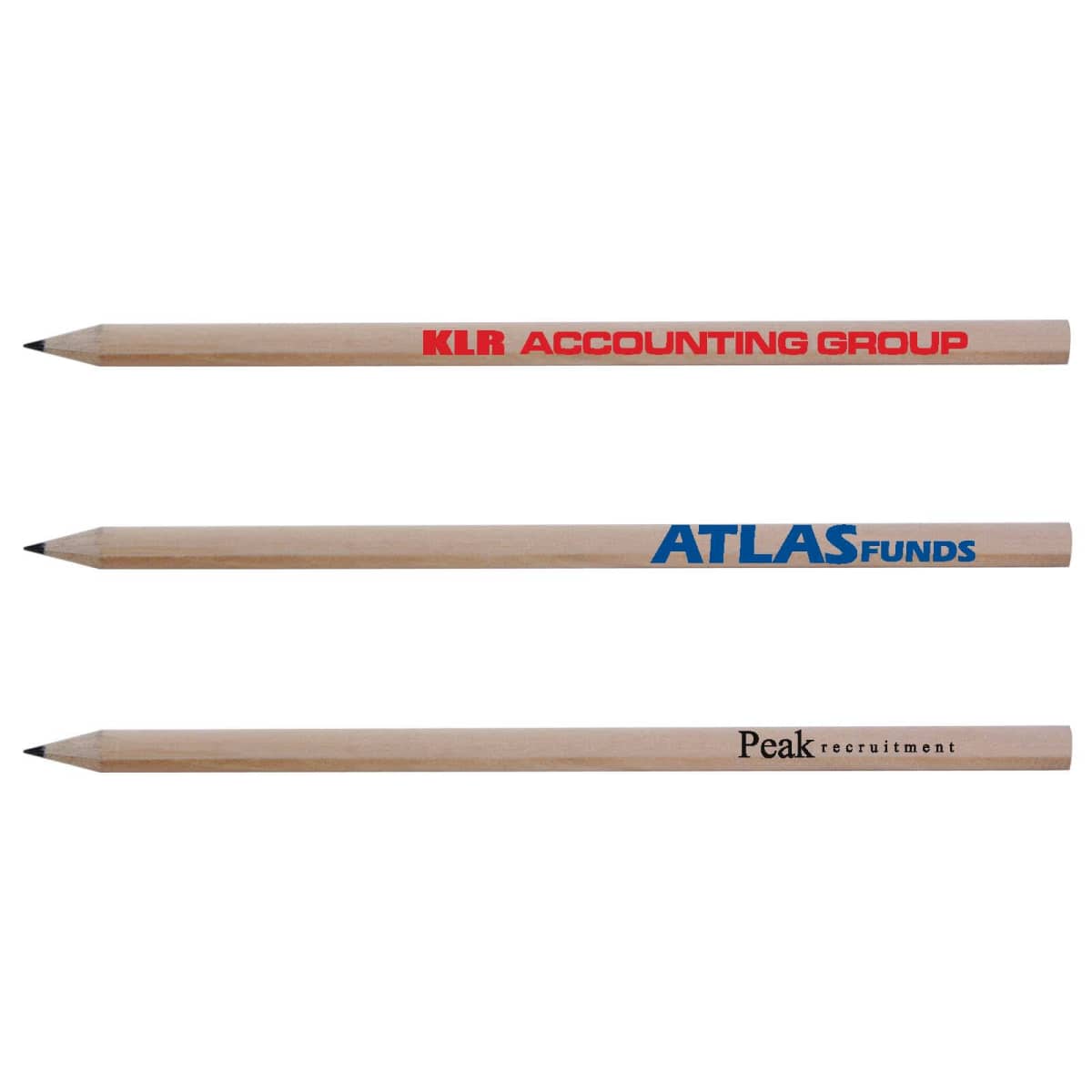 Three wooden pencils, each with different company names printed in red, blue, and black text.
