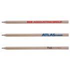 Three wooden pencils with different company logos printed in red, blue, and black text.