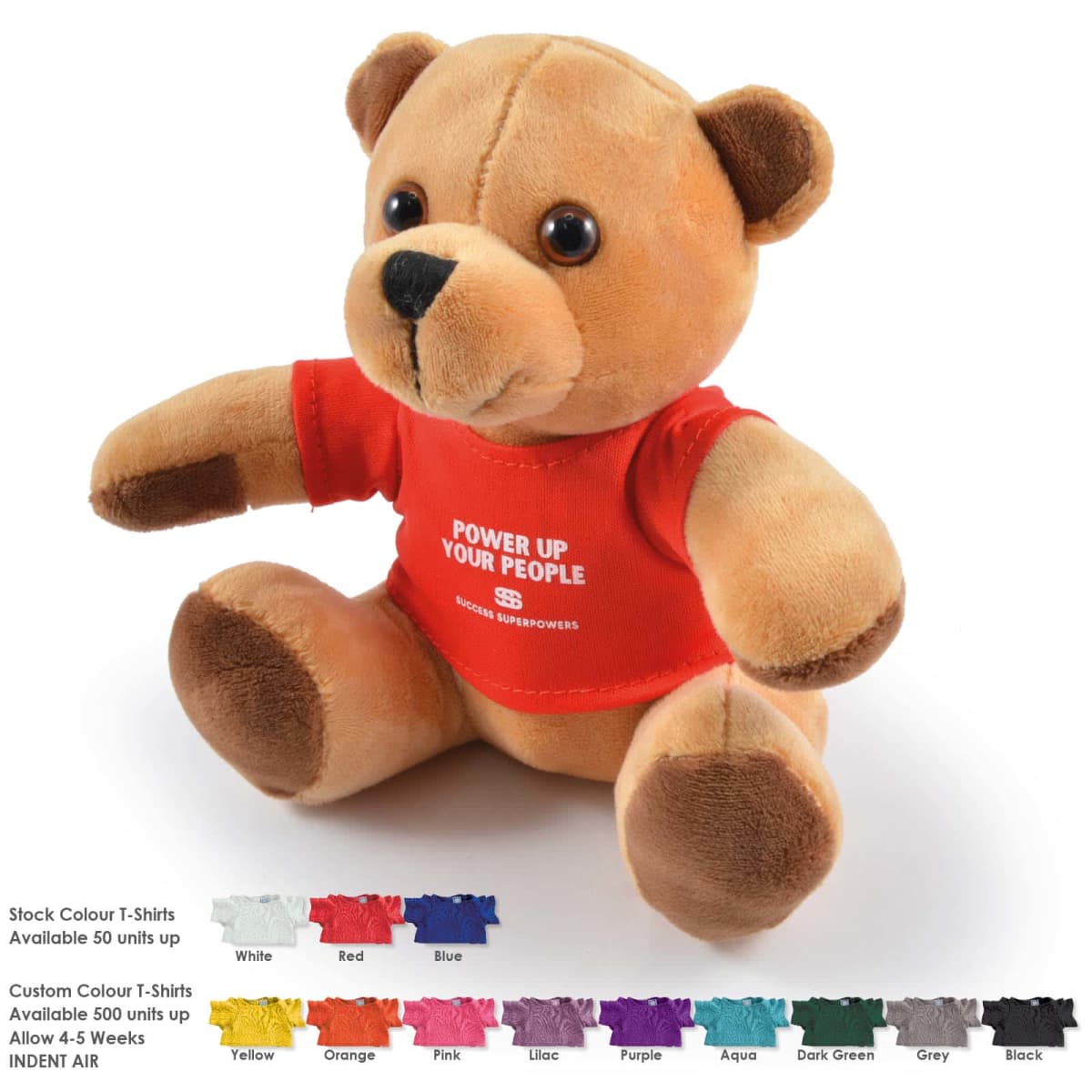 Brown teddy bear wearing a red t-shirt with text, sitting with arms and legs outstretched.