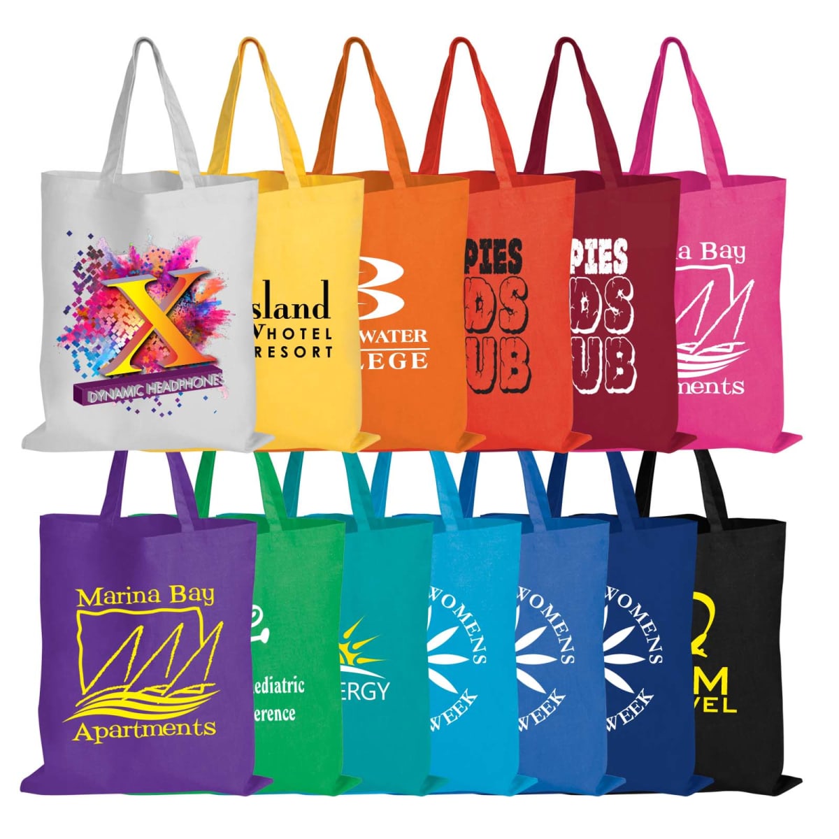 Colorful tote bags in two rows, each with different logos and text printed on them.