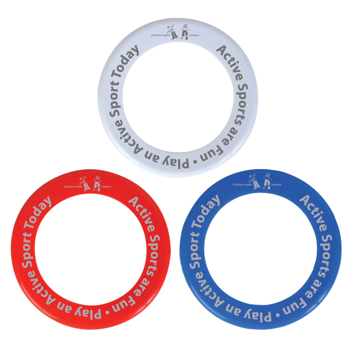 Three plastic flying rings in red, white, and blue with Active Sports Today text.