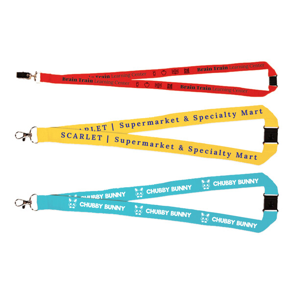 Fashion-forward lanyard styles: red Brain Train, yellow Scarlet, blue Chubby Bunny.