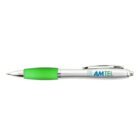 Silver and green pen with AMTEL logo on a white background.