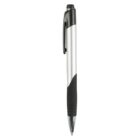 Black and silver retractable ballpoint pen with a clip, photographed vertically on a white background.