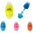 Five colorful, oval-shaped highlighters with different company logos on them.