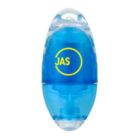 Blue and clear oval-shaped pencil sharpener with JAS in yellow text on the front.