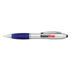 Silver pen with a blue grip and GameStop logo printed on the barrel.
