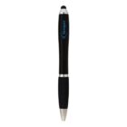 A black pen with a silver tip and a stylus on the end. The pen has a smooth, contoured design with a silver accent near the top and bottom. The word Kemper is printed in blue along the side of the pen.