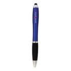 A blue and black stylus pen with a silver tip and a rubber grip, featuring the words American Greetings printed in red and white on the upper barrel.