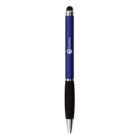 Blue stylus pen with black grip and silver tip, vertical on a white background.