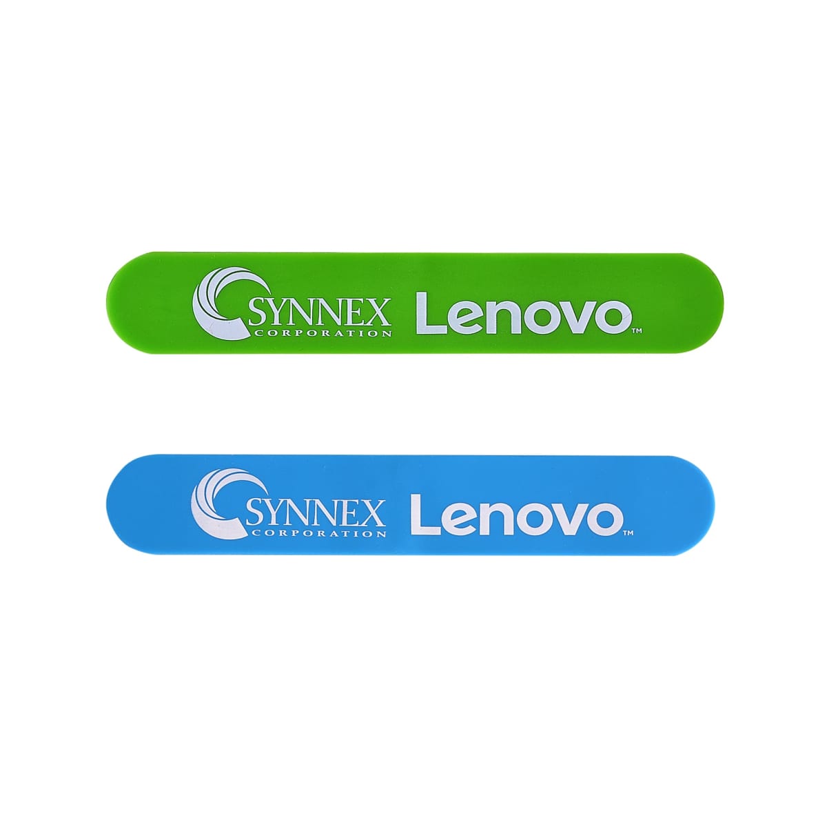 Two emery boards in green and blue with Synnex and Lenovo logos.