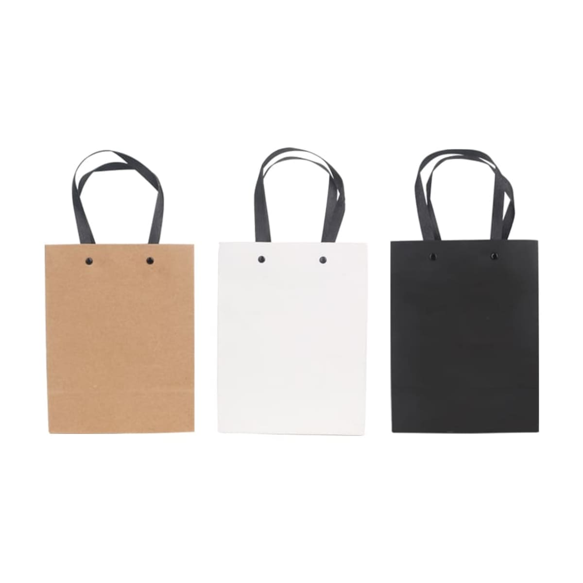 Three shopping bags: brown, white, and black with handles, side by side on a white background.