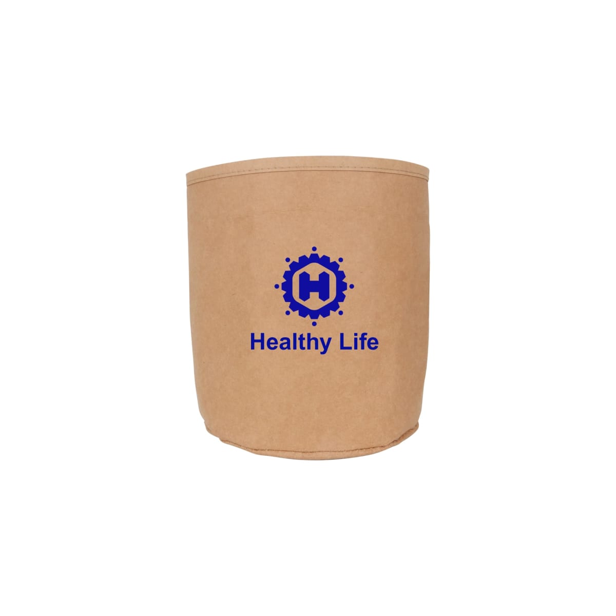 Brown cylindrical container with Healthy Life logo in blue.