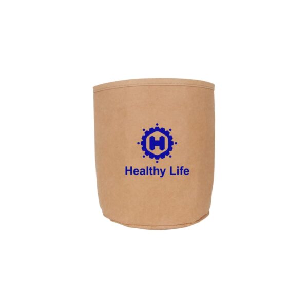 Brown paper container with Healthy Life and a blue logo on it.