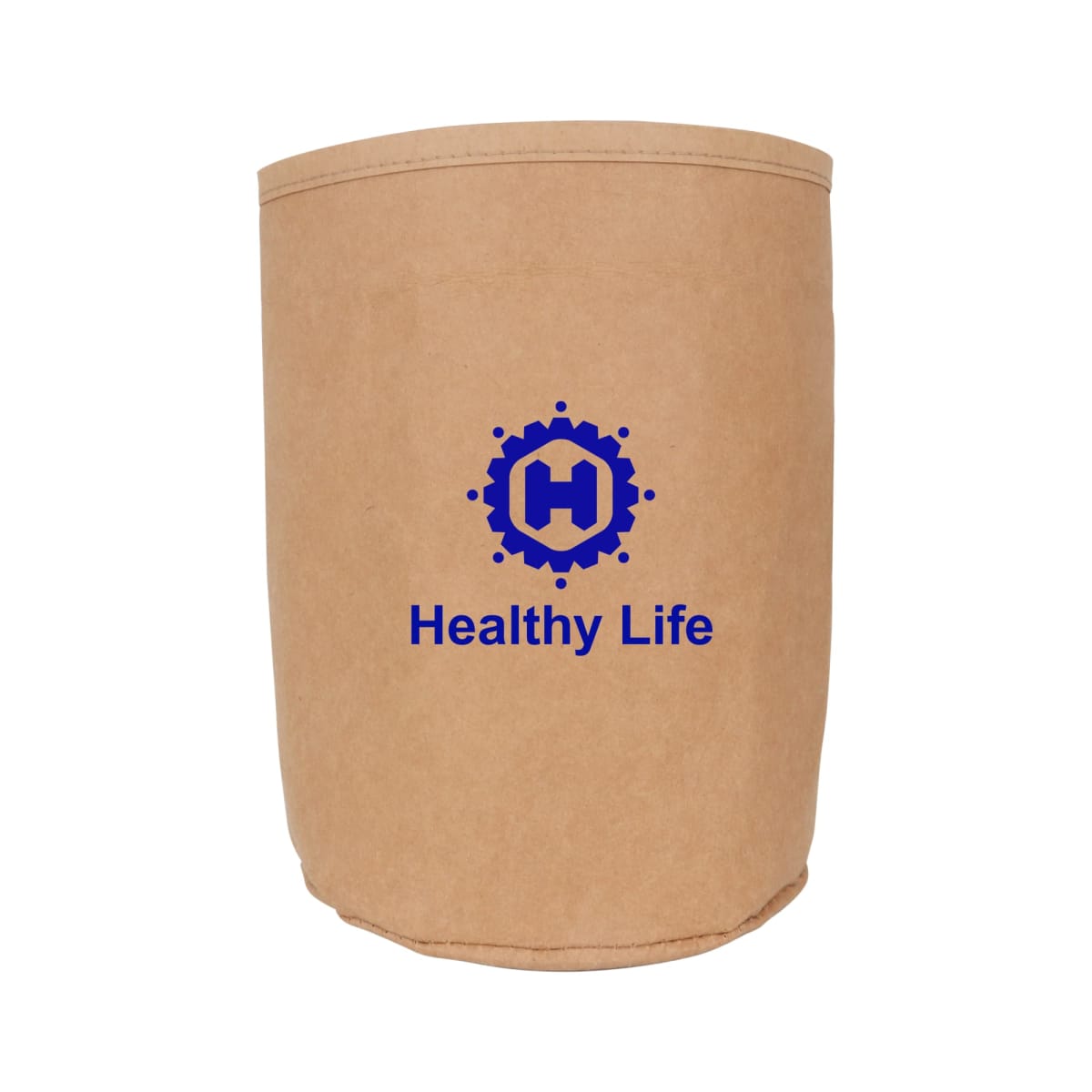 Brown container with Healthy Life and a blue logo on it.